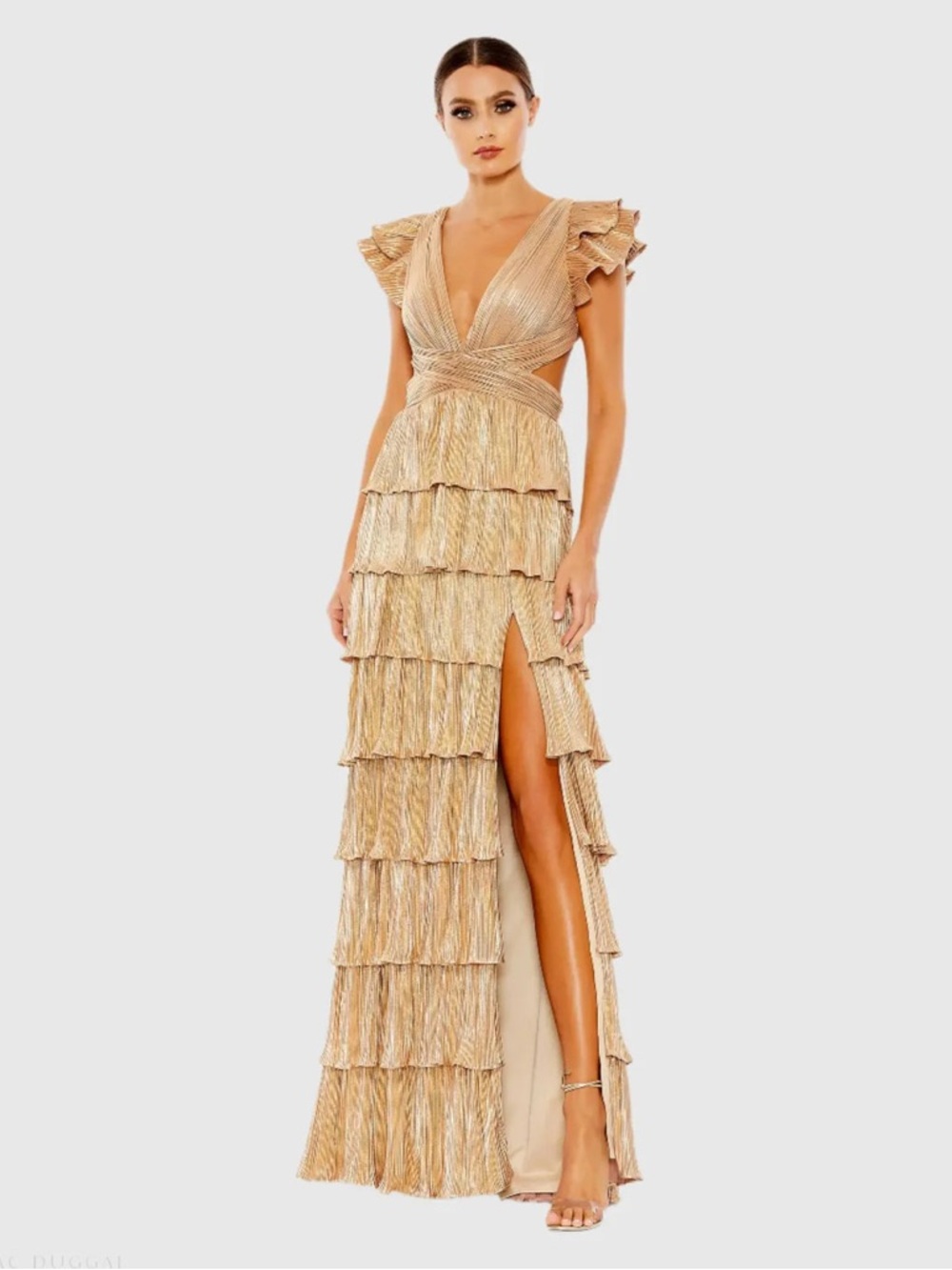 Mac Duggal 26740 Gold Tiered Ruffle Evening Gown with Deep V-Neck